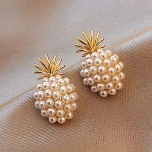 Pineapple Simulated Pearl Gold Metal Stud Post Earrings